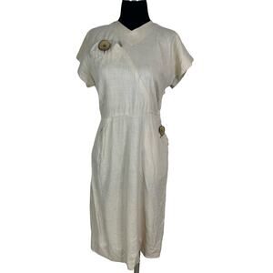 Vintage 1950s Linen Shift Dress - Cream Mid-Century Mod - As-Is Project - Small